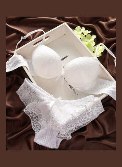 Buy Women's Comfy Solid Colour Lace 3/4 Cup Bra and Panty Set White in Saudi Arabia
