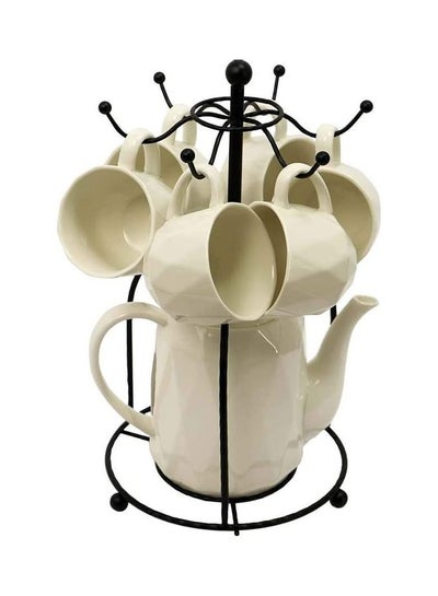 Buy 7-Piece Coffee Tea Set With Metal Stand White 20 x 35cm in UAE