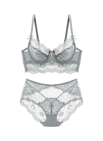 Buy Women's Comfy Solid Colour Lace 3/4 Cup Bra and Panty Set Grey in Saudi Arabia