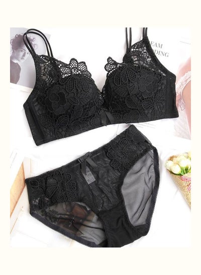 Buy Comfy Solid Colour Lace Thin Bra Panty Set Black in Saudi Arabia