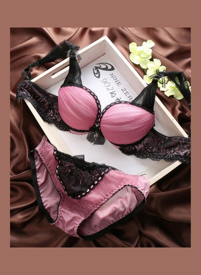 Buy Women Comfy Lace Beauty Back Thin Bra Panty Set Pink/Black in UAE