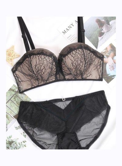 Comfy Solid Colour Lace Thin Bra Panty Set Black/Beige price in