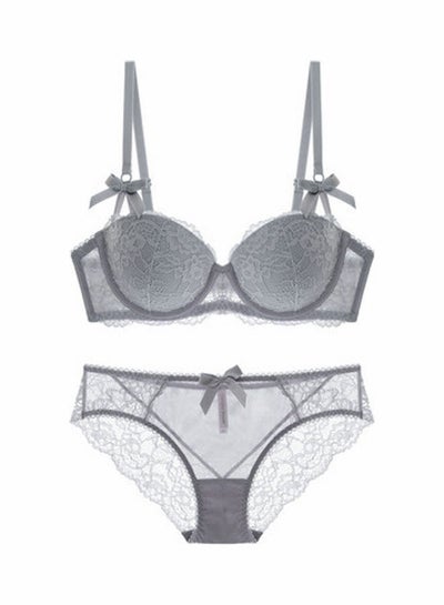 Buy Comfy Solid Colour Lace Thin Bra Panty Set Grey in Saudi Arabia