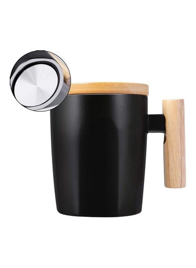 Buy Flat Bottom Coffee Mug with Wood Lid and Handle Black/Beige in Saudi Arabia