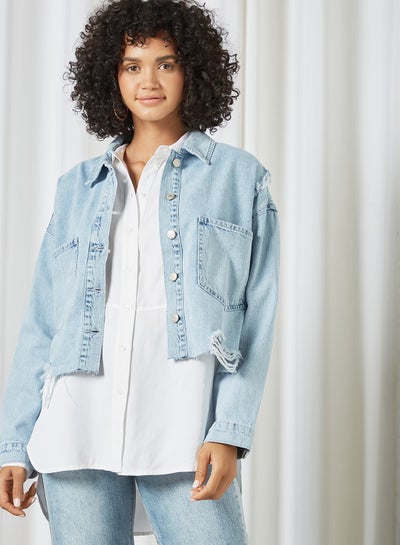 Buy Raw Hem Denim Jacket Clear Blue in UAE