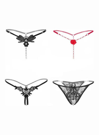 Buy 4-Piece Embroidered Low Waist Thong Set Black/Red in UAE