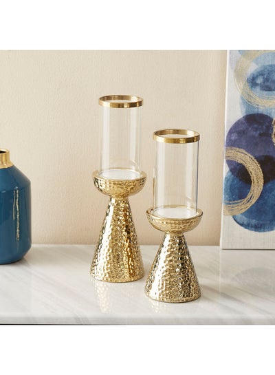 Buy 2-Piece Casa Big And Small Ceramic With Glass Candle Holder Set Gold/Clear 33.5x10.52+9x10.5cm in Saudi Arabia