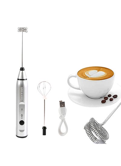 Buy USB Rechargeable Milk Frother, 3 Speeds, 2 Whisks Silver 200grams in UAE
