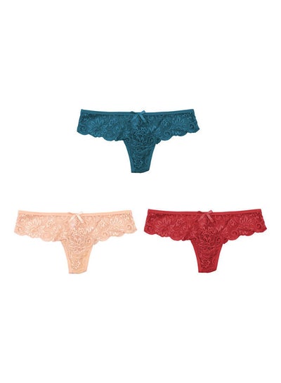 Buy 3-Piece Lace Detail Brief Set Blue/Beige/Red in Saudi Arabia