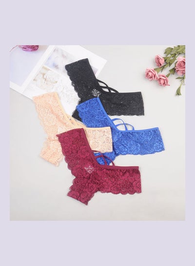 اشتري 4-Piece Lace Pattern Thong Underwear Set Multicolour في السعودية