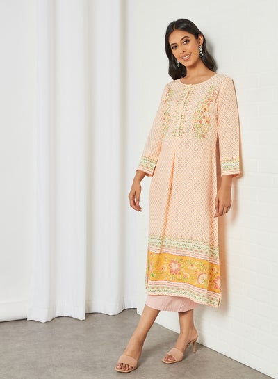 Buy Printed Long Kurta Mustard/White in UAE