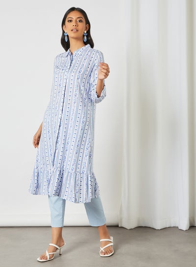 Buy Ruffle Hem Collared Kurta Blue in Saudi Arabia