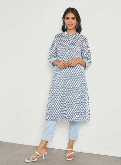 اشتري All-Over Motif Print Kurta أزرق/ أبيض في السعودية