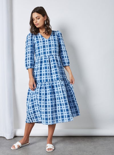 Buy Tiered Checked Dress Dusk Blue in UAE