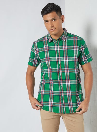 Buy Checkered Pattern Slim Fit Collared Neck Short Sleeve Shirt Green/Pink in UAE