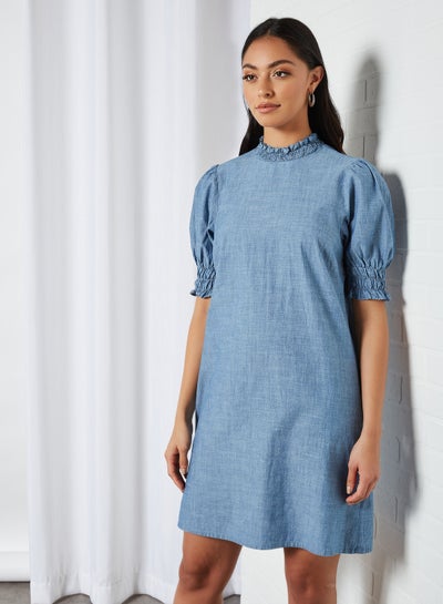 Buy Chambray Puff Sleeve Dress Medium Blue in Egypt