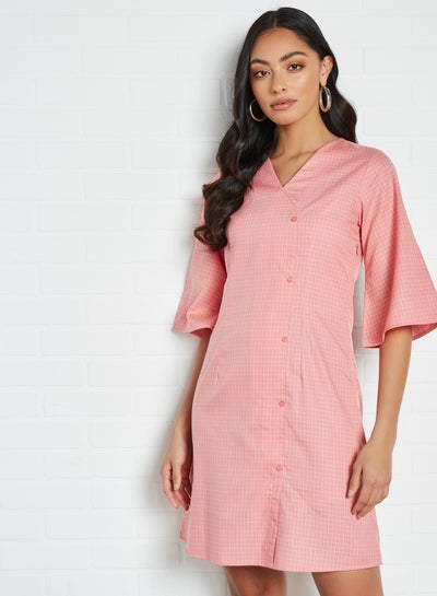 Buy Checkered V-Neck Mini Dress Pink in Saudi Arabia