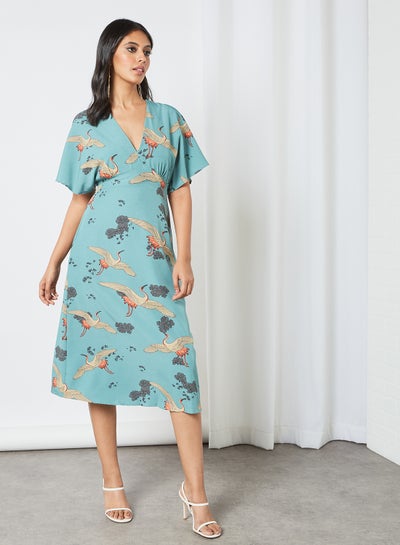 Crane Print V-Neck Dress Multicolour 