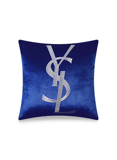 Buy Velvet Embroidery Iconic Ysl Font Decorative Cushion Cover Blue 45x45cm in UAE