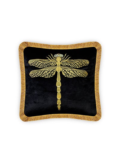 Buy Velvet Dragonfly Embroidery Modern Style Cushion Cover Black 45x45cm in UAE