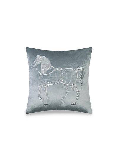 Buy Velvet Horse Embroidery Modern Style Decorative Cover Grey 45x45cm in UAE