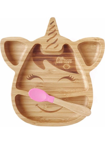 Buy Bamboo Plate Suction + Spoon - Unicorn Pink in UAE