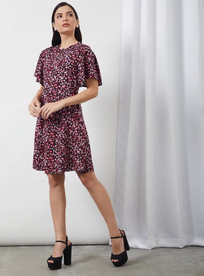 Buy Casual Keyhole Neck Printed Dress Black Aop in Saudi Arabia