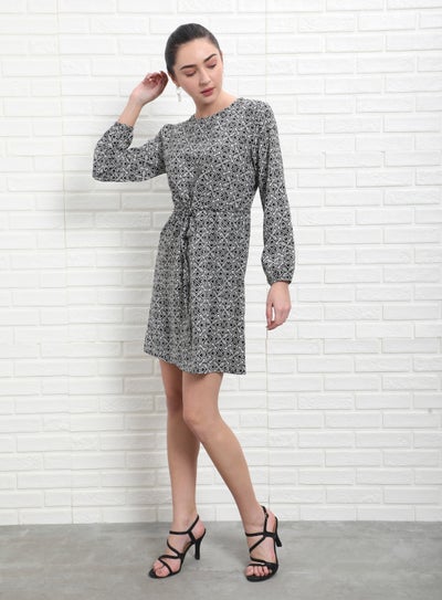 Buy Round Neck Printed Dress Black in Saudi Arabia