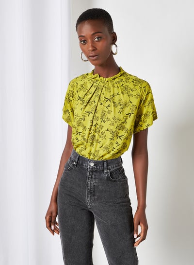 Buy Turtle Neck Printed Blouse Top Green Floral in Saudi Arabia