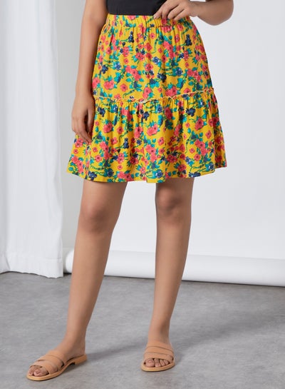Buy Floral Printed Flared Skirt Yellow Aop in UAE