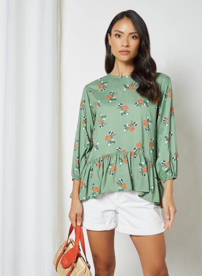 Buy Casual Floral Printed Blouse Top Olive Aop in Saudi Arabia