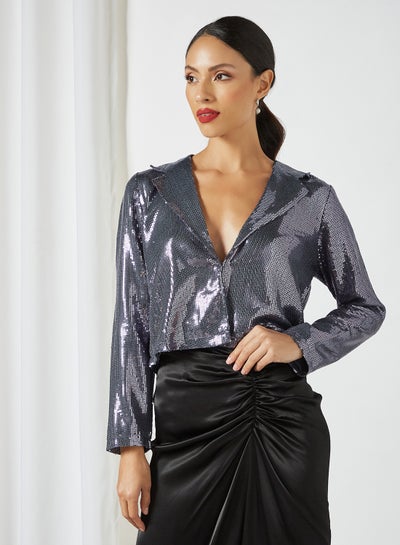 Buy Sequin Pattern Collar Neck Blazer Dark Grey Solid in UAE