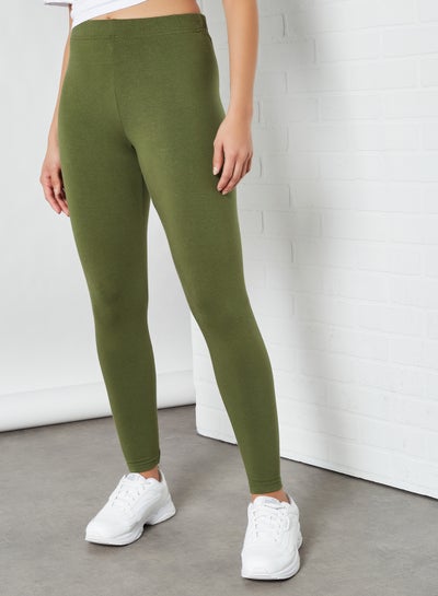 Buy Elastic Waist High-Rise Skinny Fit Plain Leggings Green in Saudi Arabia