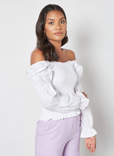 Off-Shoulder Smocked Top Bright White 