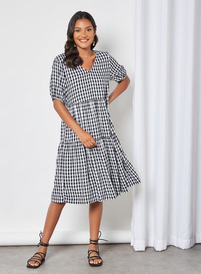 Buy Gingham Print Shift Dress Cloud Dancer/Black in Saudi Arabia