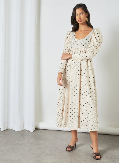 Buy All-Over Dot Print Dress Cream in Saudi Arabia