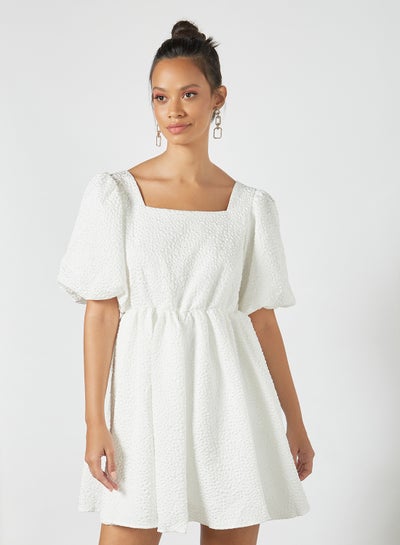 Buy Jacquard Puff Sleeve Mini Dress Ivory in Saudi Arabia