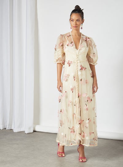 Buy Floral Embroidered Maxi Dress Beige in UAE