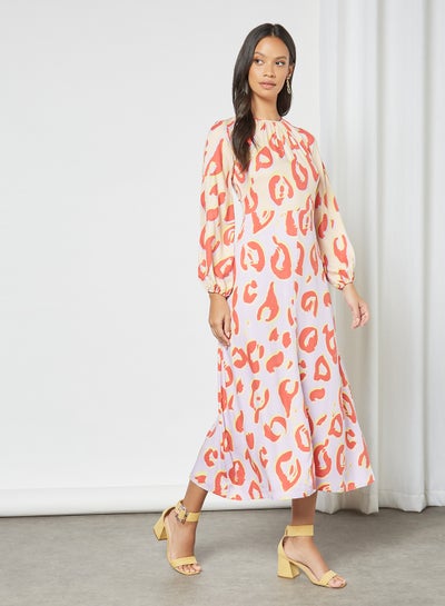 Buy Gathered Neck Printed Dress Multicolour in UAE