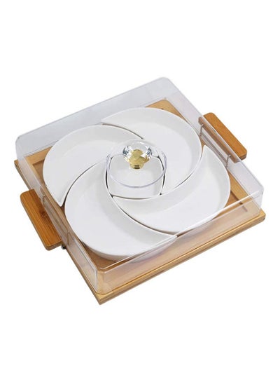 اشتري 7-Piece Porcelain Serving Tray Dish With Cover أبيض/شفاف/بيج 17x17سم في الامارات