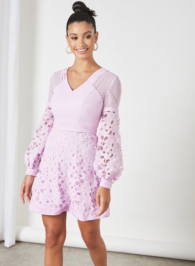 Buy Lace Detail Balloon Sleeve Dress Lilac in Saudi Arabia