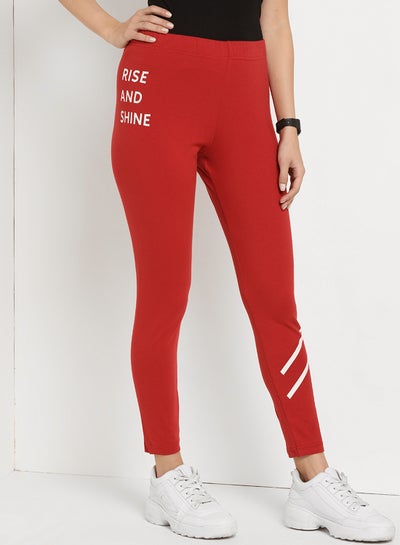 Buy Rise And Shine Slogan Printed High Waist Skinny Fit Leggings Red/White in Saudi Arabia