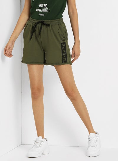 Buy Printed Elastic Waistband Drawstring Mid Rise Shorts Dark Green in UAE