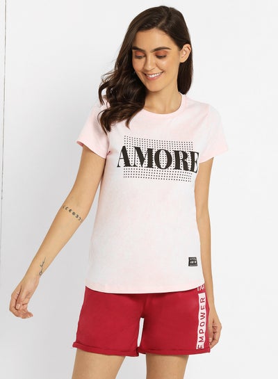 Buy Amore Printed Crew Neck Regular Fit T-Shirt Cloud Pink in Saudi Arabia