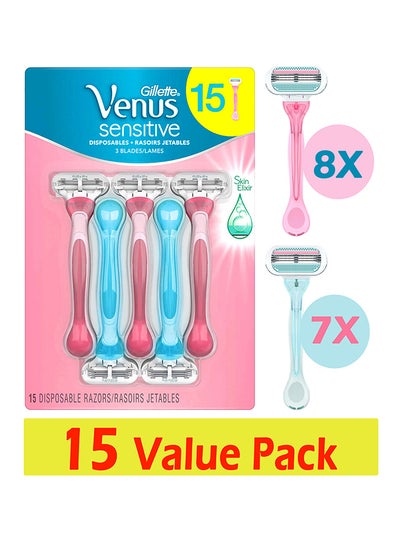 Buy 15-Piece Venus Sensitive Disposable Razor With Skin Elixir Technology Pink/Blue in UAE