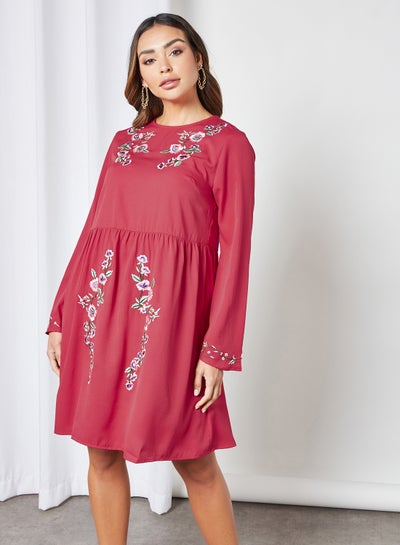 Buy Embroidered Pleated Detail Round Neck Bell Sleeve Knee Length Dress Red in Saudi Arabia