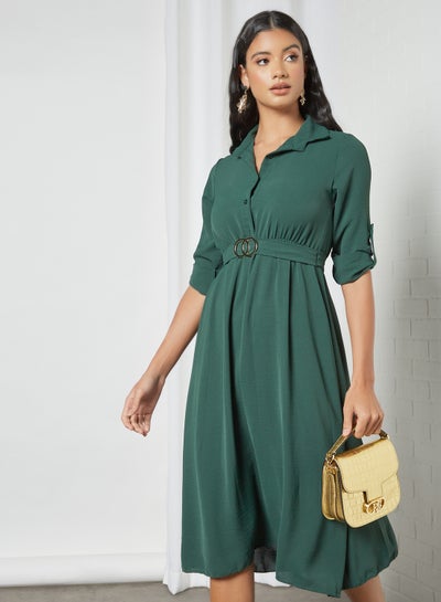 Buy Collared Neck Midi Dress Green in Saudi Arabia