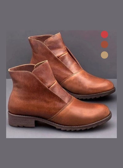 Buy Casual Autumn Winter Faux Leather Slip-On Ankle Boots Brown in UAE