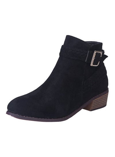 Buy Women Suede Braided Strap Buckle Boots Shoes Black in Saudi Arabia