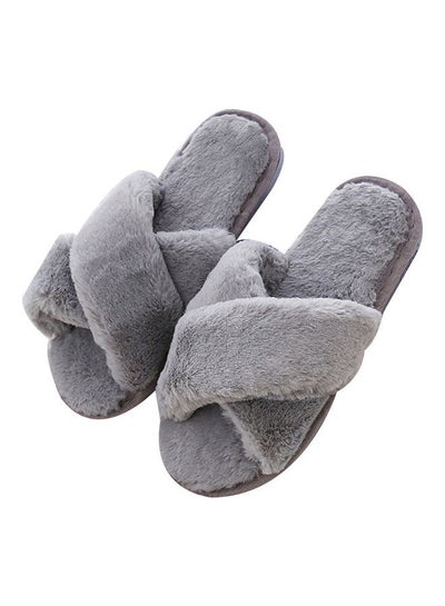 Buy Faux Fur Open Toe Flat Slippers Grey in Saudi Arabia